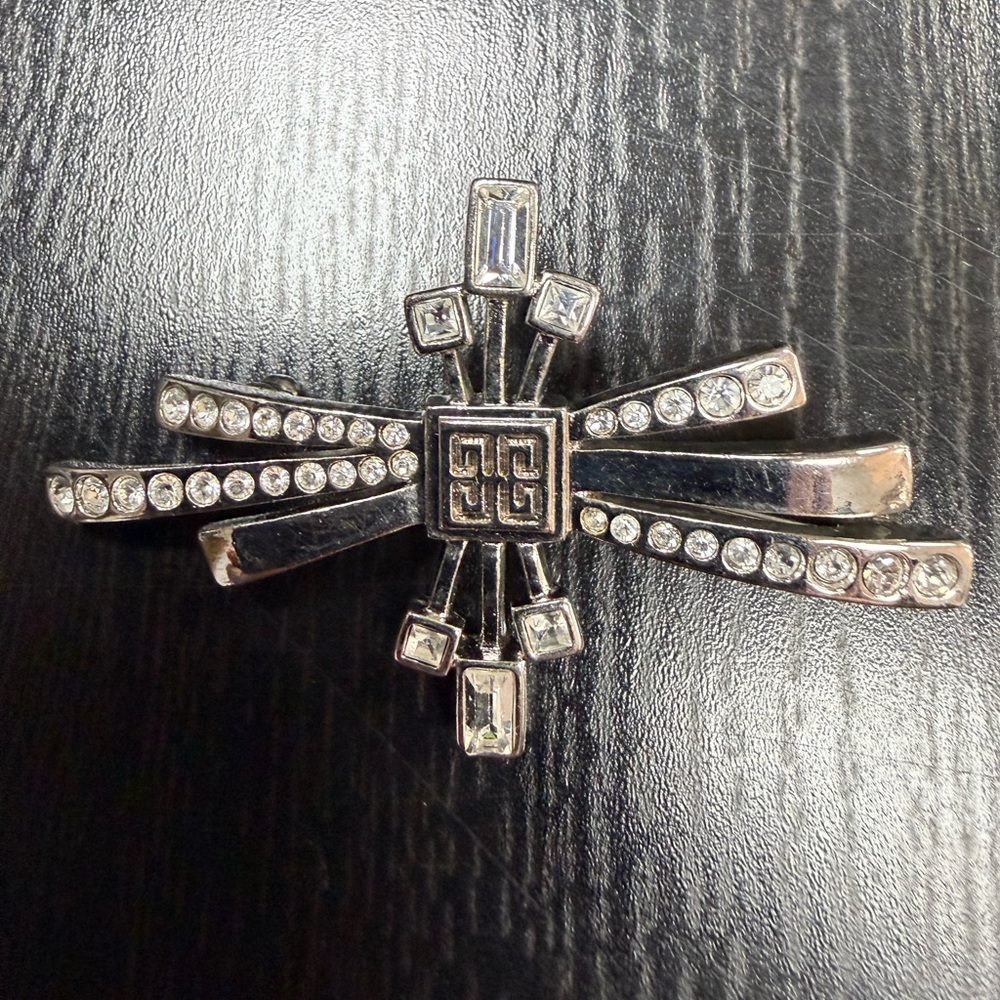 Vintage Givenchy 4G Logo Rhinestone Starburst Brooch Art Deco Style Signed
